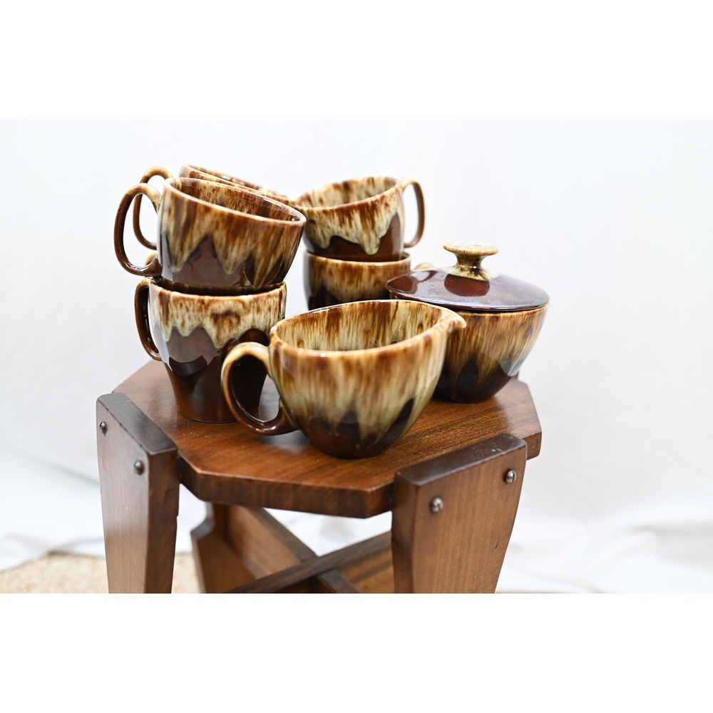 Vintage Canonsburg Brown Drip Pottery Set 6 Mugs Creamer Sugar Bowl USA